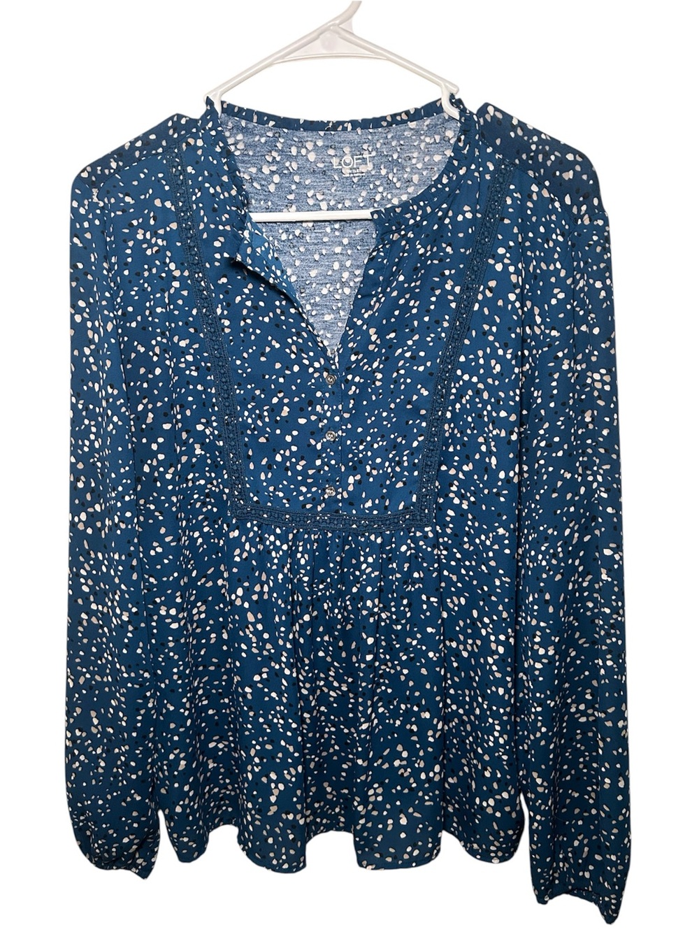 LOFT Navy Blue Printed Peasant Blouse Large Long Sleeve Winter Casual Boho